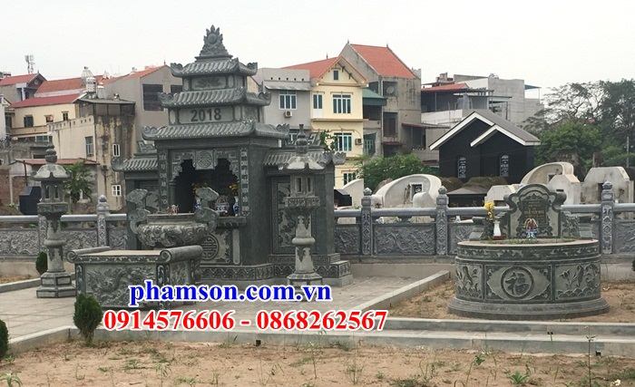 02 Mộ mồ mả tròn hình tròn cao cấp bằng đá xanh rêu khu lăng nghĩa trang gia đình dòng họ ông bà bố mẹ đẹp bán tại Nam Định