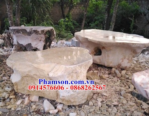 04 Bộ bàn ghế đôn sân vườn biệt thự đá vàng nguyên khối đẹp bán tại Lạng Sơn
