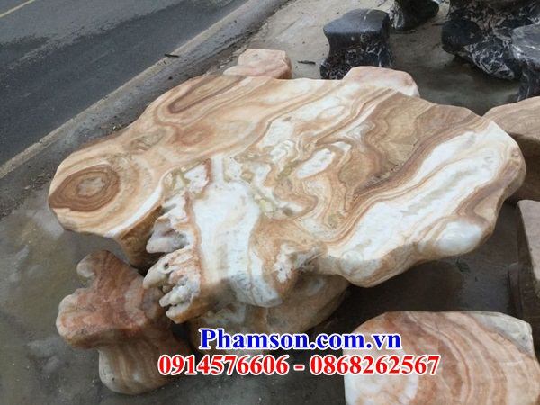 04 Bộ bàn ghế đôn sân vườn biệt thự đá vàng vân gỗ nguyên khối đẹp bán tại Lạng Sơn