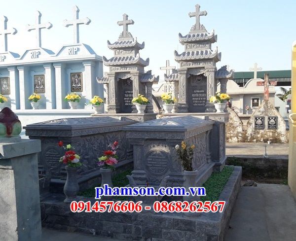 04 Mộ nghĩa trang khu lăng mồ mả đôi hai ba ngôi liền nhau cất để giữ cất tro hài cốt đá công giáo đẹp bán tại Kiên Giang
