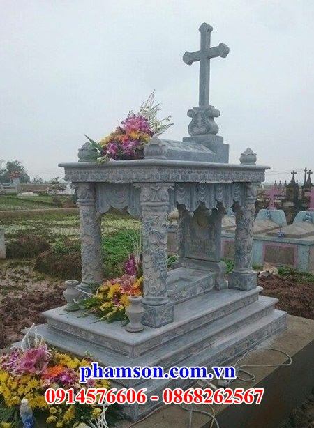 09 Mộ đá xanh nghĩa trang khu lăng mồ mả gia đình dòng họ ông bà bố mẹ cất giữ để hũ tro hài cốt công giáo đạo thiên chúa đẹp bán tại Bến Tre