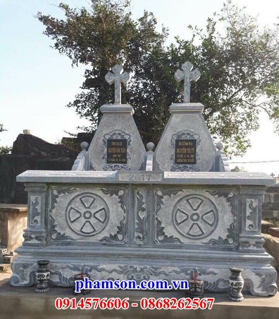 17 Mộ đá khu lăng mộ nghĩa trang mồ mả đôi hai ba ngôi liền nhau cất để hũ tro hài cốt ông bà bố mẹ ba má công giáo đạo thiên chúa đẹp bán tại TP Hồ Chí Minh