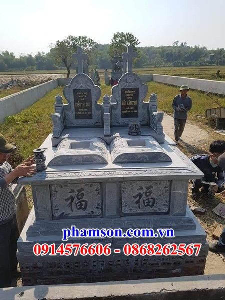 18 Mộ đá khu lăng nghĩa trang gia đình dòng họ đôi hai ba ngôi liền nhau cất giữ để hũ tro hài cốt ông bà bố mẹ ba má công giáo đạo thiên chúa đẹp bán tại Lâm Đồng