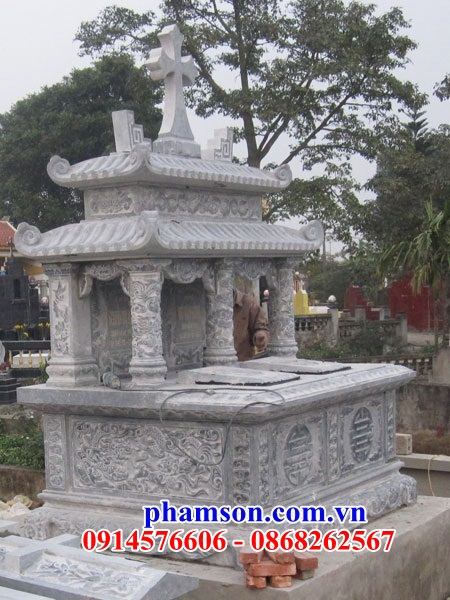 22 Mộ đá đôi hai ba ngôi liền nhau nghĩa trang khu lăng mồ mả cất giữ để hũ tro hài cốt dòng họ gia đình ông bà bố mẹ ba má công giáo đạo thiên chúa đẹp bán tại Bình Thuận