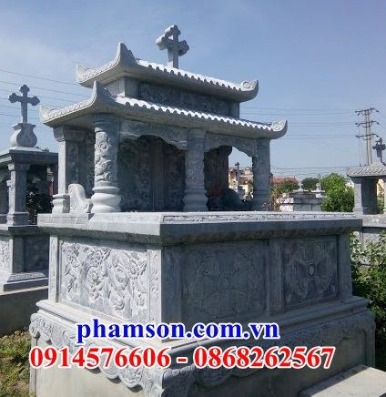 31 Mộ đá đôi hai ba ngôi liền nhau nghĩa trang khu lăng mồ mả cất giữ để hũ tro hài cốt gia đình ông bà bố mẹ ba má công giáo đạo thiên chúa đẹp bán tại Quảng Trị