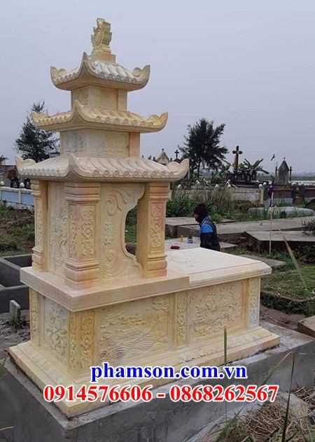 34 Mộ mồ mả cất giữ để hũ hộp tro hài cốt gia đình dòng họ ông bà mẹ ba mái bằng đá vàng đẹp bán tại Lâm Đồng