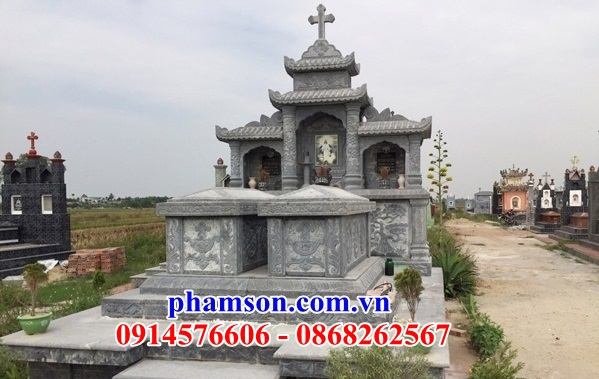 43 Mộ đá đôi hai ba ngôi liền nhau nghĩa trang khu lăng mồ mả cất giữ để hũ lọ tro hài cốt gia đình dòng họ ông bà bố mẹ công giáo đạo thiên chúa đẹp bán tại Tuyên Quang