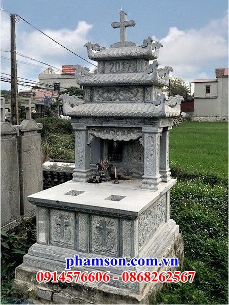 45 Mộ đá đôi hai ba ngôi liền nhau nghĩa trang khu lăng mồ mả gia đình dòng họ ông bà bố mẹ ba má công giáo đạo thiên chúa đẹp bán tại Phú Thọ