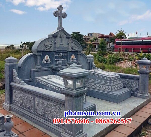 55 Mộ đá đôi hai ba ngôi liền nhau nghĩa trang gia khu lăng mồ mả gia đình dòng họ ông bà bố mẹ công giáo đạo thiên chúa đẹp bán tại Lạng Sơn