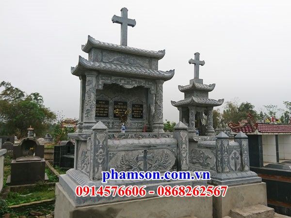 61 Mộ đá đôi hai ba ngôi liền nhau nghĩa trang khu lăng mồ mả gia đình dòng họ ông bà bố mẹ công giáo đạo thiên chúa đẹp bán tại bắc kạn