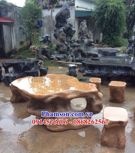 Thiết kế 53 bộ bàn 6 ghế đặt sân vườn khu biệt thự bằng đá vàng cao cấp bán tại Lâm Đồng